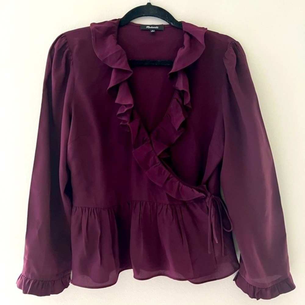 Madewell maroon long sleeve front tie long sleeve ruffled blouse
